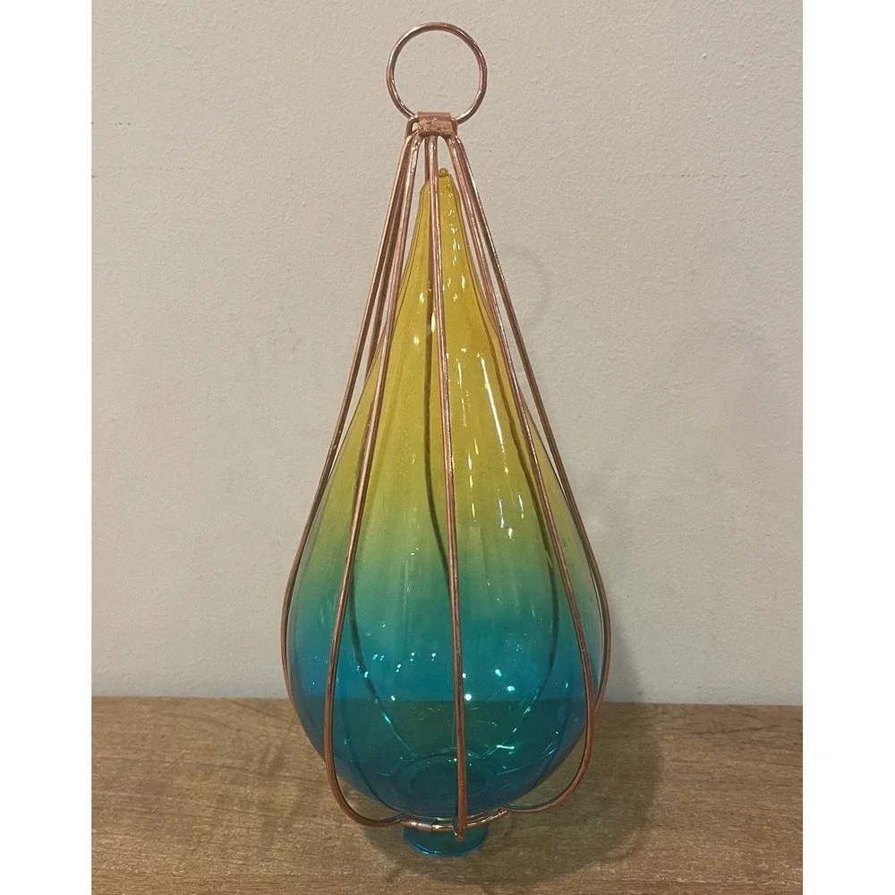 Ombre Art Glass Hummingbird Feeder Teal Yellow Copper Hanging Garden Decor